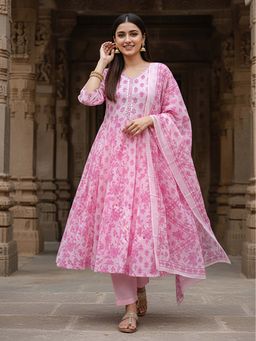 FASHOR - Printed Mirror Work Anarkali Kurta With Pant & Dupatta