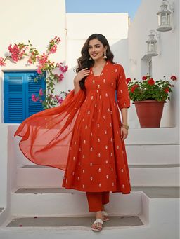 FASHOR - Solid Embroidered Rust A-Line Anarkali Kurta With Pant & Dupatta