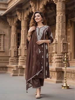 FASHOR - Solid Embroidered Straight Kurta With Pant & Dupatta