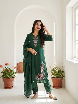 FASHOR - Solid Embroidered Straight Kurta With Pant & Dupatta