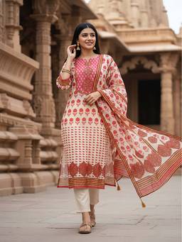 FASHOR - Printed Straight Kurta With Pant & Dupatta