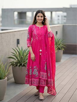 FASHOR - Printed Mirror Work A-Line Kurta With Pant & Dupatta