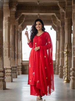 FASHOR - Floral Embroidered Red A-Line Kurta With Palazzo & Dupatta