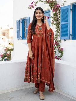 FASHOR - Floral Printed Embroidered Anarkali Kurta With Pant & Dupatta
