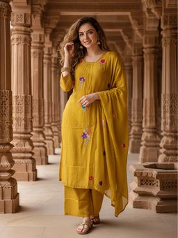 FASHOR - Floral Embroidered Mustard A-Line Kurta With Palazzo & Dupatta