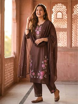 FASHOR - Solid Embroidered Straight Kurta With Pant & Dupatta
