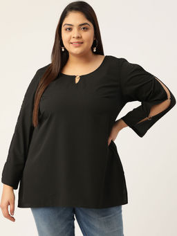 theRebelinme - Women's Black Solid Color Keyhole Neck Top
