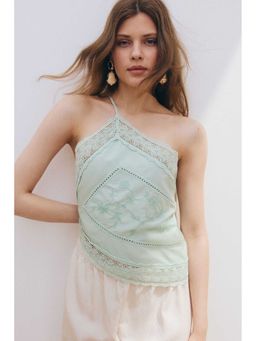 H&M - Women Turquoise Lace-Trimmed One-Shoulder Top