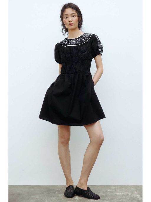h&m black embroidered dress H&M NWOT Embroidered Balloon Bell Sleeves Wrap Dress Black Size S