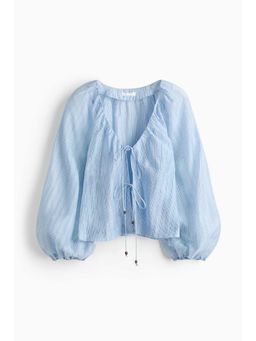 H&M - Women Blue Linen-Blend Tie-Front Blouse