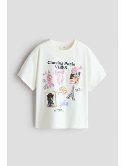 H&M - Girls White Loose-Fit Printed T-Shirt