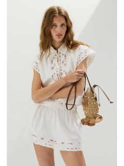 H&M - Women White Lace-Trimmed Cotton Twill Shirt