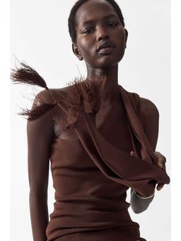 H&M - Women Brown One-Shoulder Scarf-Detail Knitted Top