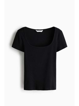 H&M - Women Black Ribbed Cotton T-Shirt