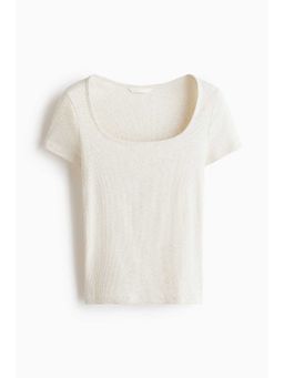H&M - Women Beige Ribbed Cotton T-Shirt
