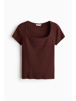 H&M - Women Brown Ribbed Cotton T-Shirt