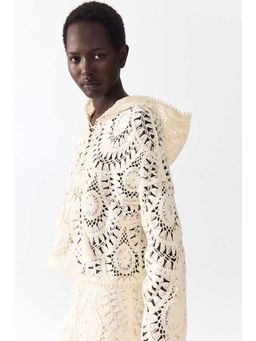 H&M - Women White Crochet-Look Lace-Up Hoodie