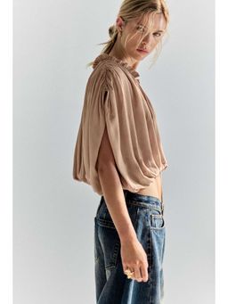 H&M - Women Beige Oversized Bubble-Hem Blouse