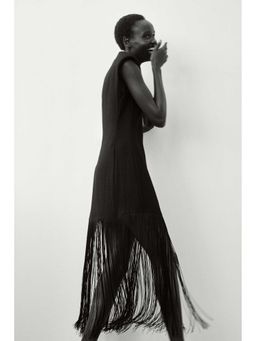 H&M - Women Black Fringed Shoulder-Pad Dress