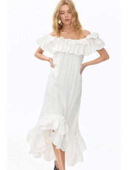 H&M - Women White Frill-Trimmed Off-The-Shoulder Dress