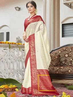 Akhilam - Women Silk Blend Off White Printed Celebrity Saree with Unstitched Blouse