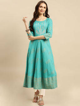 Rangita - Women Sea Green Embroidered Anarkali Kurta and Pant (Set of 2)