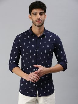 SHOWOFF - Men Roll-Up Sleeves Navy Blue Abstract Shirt