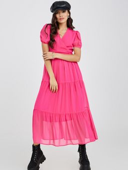 Styli - Pink Short Cuffed Sleeves Tiered Midi Dress