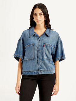 Levi's - Womens Solid Blue Spread Collar Jacket