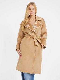 Guess - Women Beige Solid Notched Collar Full Sleeves Overcoat with Belt (Set of 2)