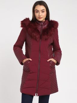 Guess - Women Wine Solid Hooded Full Sleeves Faux Fur Quilted Jacket