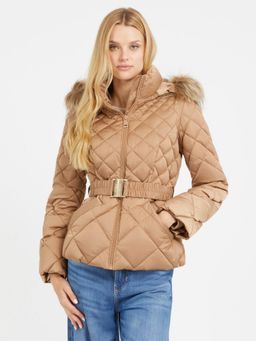 Guess - Women Beige Solid Hooded Full Sleeves Quilted Jacket with Belt (Set of 2)