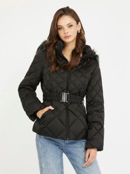 Guess - Women Black Solid Hooded Full Sleeves Quilted Jacket with Belt (Set of 2)