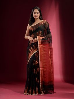 CHARUKRITI - Black with Zari Floral Design and Temple Border Saree with Unstitched Blouse