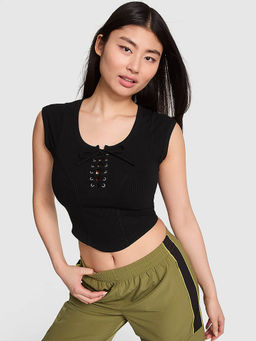 Victoria's Secret - Black All-Day Soft Ribbed Lace-Up Crop Top