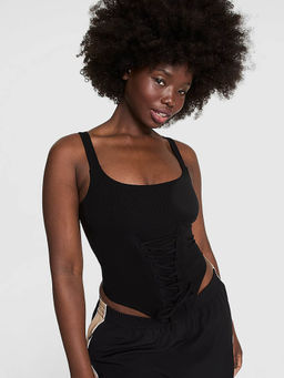 Victoria's Secret - Black All-Day Soft Ribbed Lace-Up Corset Top