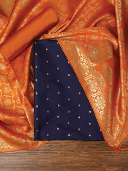 Jaipur Kurti - Navy Blue Zari Woven Silk Blend Unstitched Kurta with Bottom and Dupatta (Set of 3)