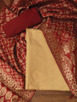 Jaipur Kurti - Beige Zari Woven Silk Blend Unstitched Kurta with Bottom and Dupatta (Set of 3)