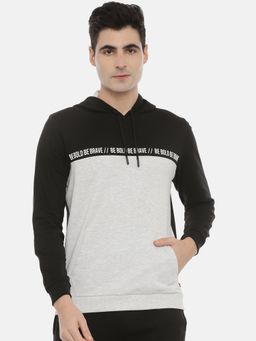 3PIN - Men Black & Grey Colourblocked Hooded Sweatshirt