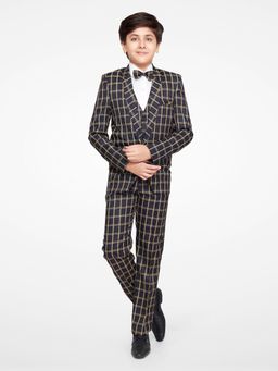 Jeetethnics - Boys Black Checked Coat Suit With Waistcoat Shirt & Trousers (Set of 5)