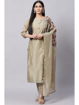 Biba - Beige Cotton Silk Chanderi Unstitched Suit (Set of 3)