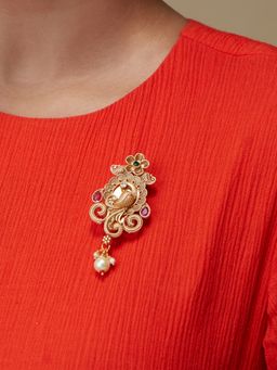 Azai by Nykaa Fashion - Festive Pink & Green Patterned Gold Temple Brooch