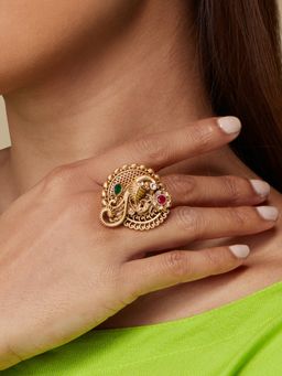 Azai by Nykaa Fashion - Regal Gold Temple Ring with Pink and Green Stones