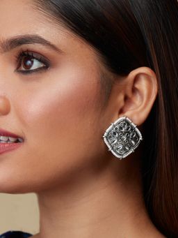 Azai by Nykaa Fashion - Silver Ethnic Oxidised Statement Square Studs