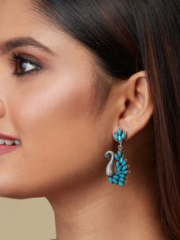 Azai by Nykaa Fashion - Ethnic Blue and Silver Embellished Peacock Earrings