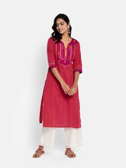 Fabindia - Fuschia Cotton Nagari Embroidered Long Kurta (XS)