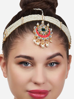 Zaveri Pearls - Pink Meenakari Crescent Bridal Kundan Multistrand Pearls MathaPatti