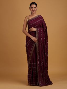 Koskii - Wine Swarovski Semi Crepe Designer Saree with Unstitched Blouse