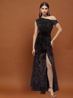 Sera - Black Velvet One Shoulder Elegant Party Wear Maxi Dress