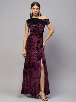 Sera - Plum Velvet One Shoulder Elegant Party Wear Maxi Dress